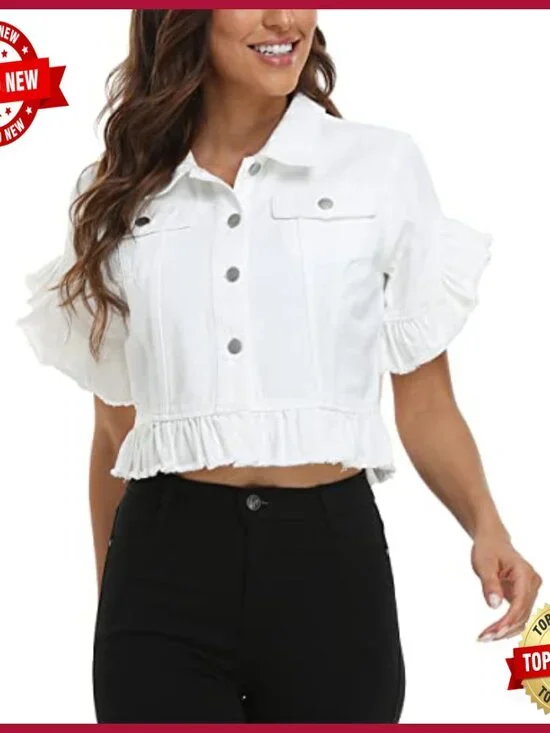 Cropped Denim Jacket with Ruffle Sleeves, Distressed Hem, Fitted Fit - Picture 4 of 7